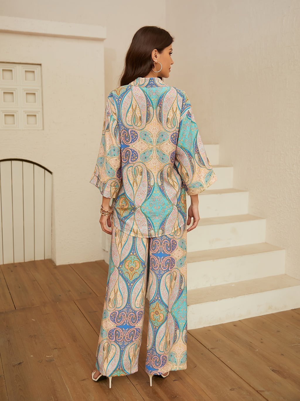 Women’s Fashion Printed Mid-Sleeve Outfit Set | Elegant Button-Up Top & Elastic Pants