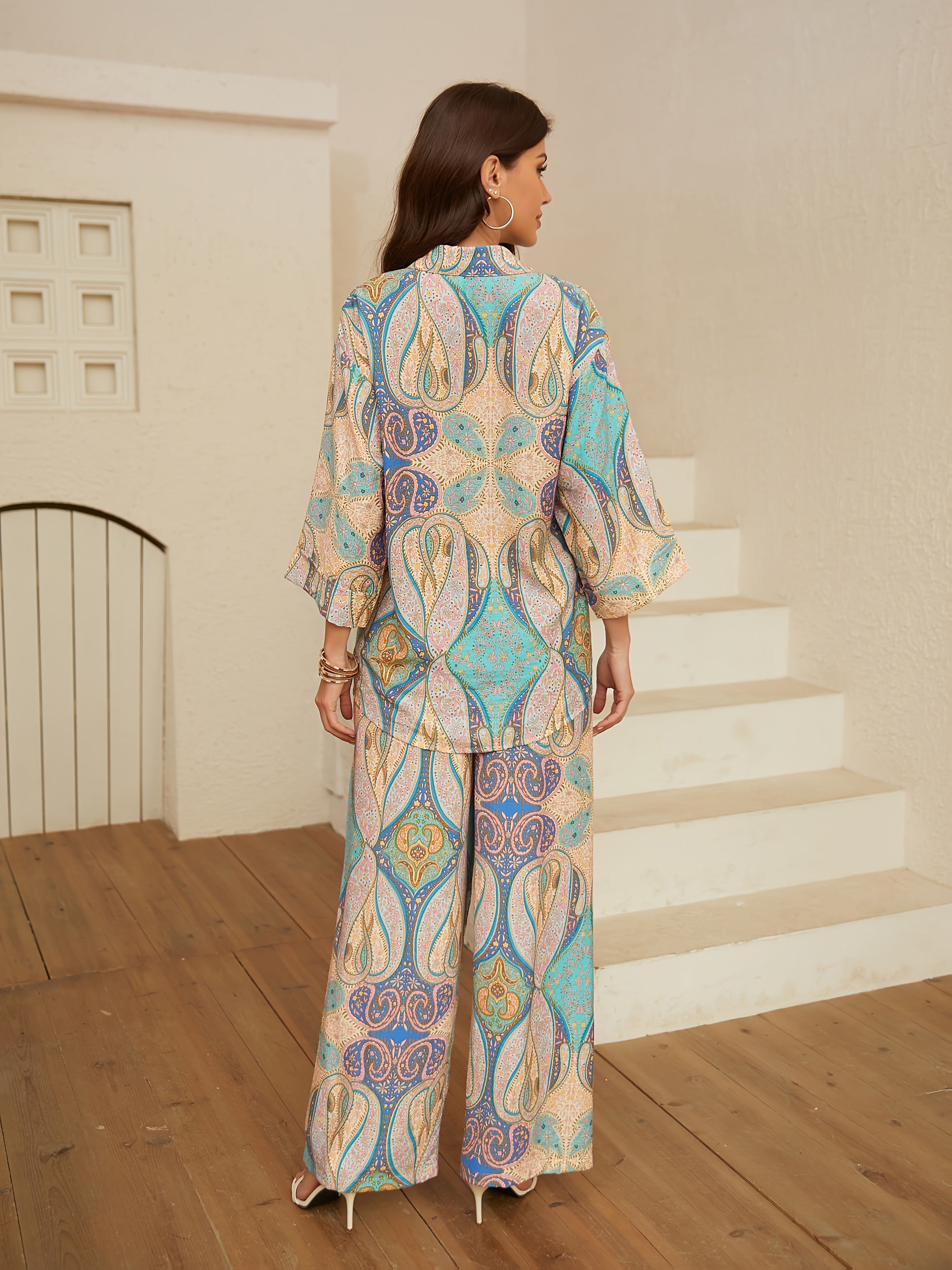 Women’s Fashion Printed Mid-Sleeve Outfit Set | Elegant Button-Up Top & Elastic Pants