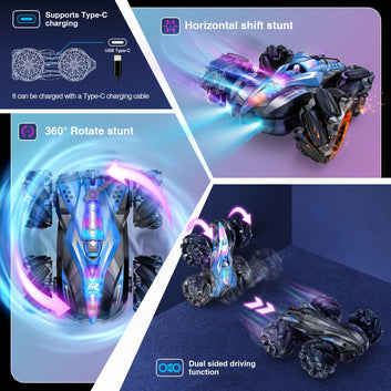 Blue Dual-Sided LED Spray RC Car | USB Rechargeable Toy Vehicle